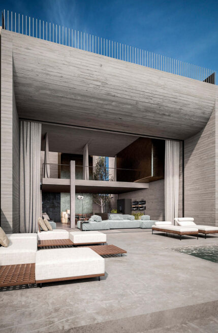 Areal House, Matosinhos: terrace render looking back through the giant opening into the double-height interior