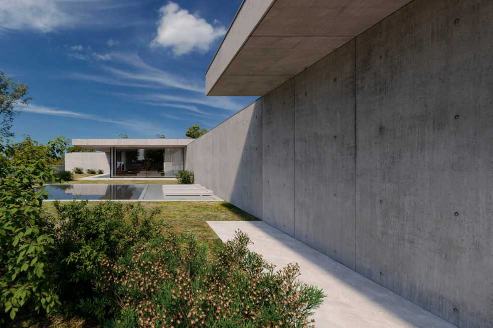 FH House, Esmoriz, Ovar: render along a long grey wall leading past planting to a pool and the glazed living area