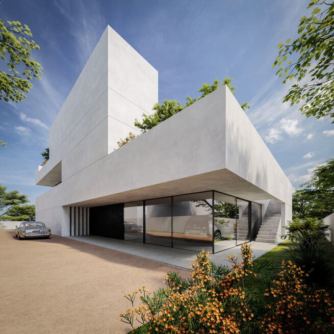 ST House, Santo Tirso: low render of the house corner with a cantilevered white volume over the glazed ground floor