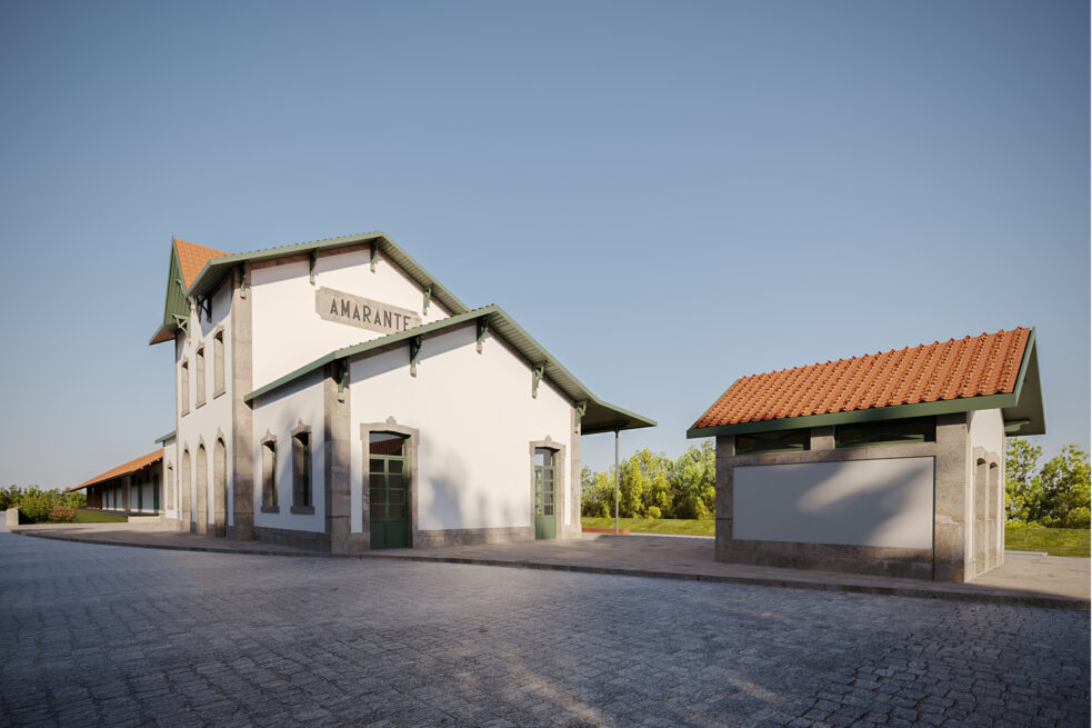 Amarante Train Station: visualisation of the old station house and a smaller tiled-roof outbuilding across the cobbled yard