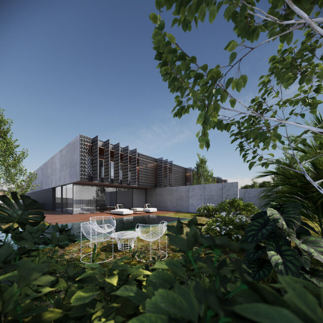 HU1950, Vila Nova de Gaia: render of the housing complex seen from a lush garden, terraces and loungers in front
