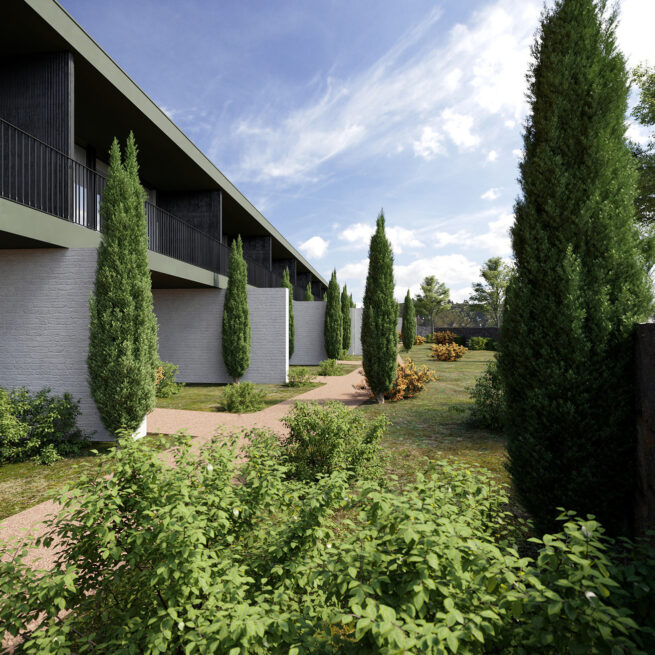 Vila do Conde Houses: render of a garden path lined with cypress trees running along the front of the terrace