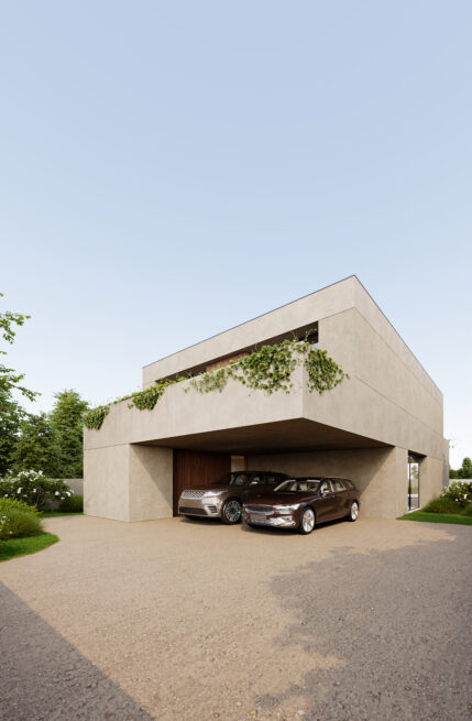 Avanca House, Avanca, Aveiro: angled view of the covered parking under the light-coloured volume, with a gravel forecourt