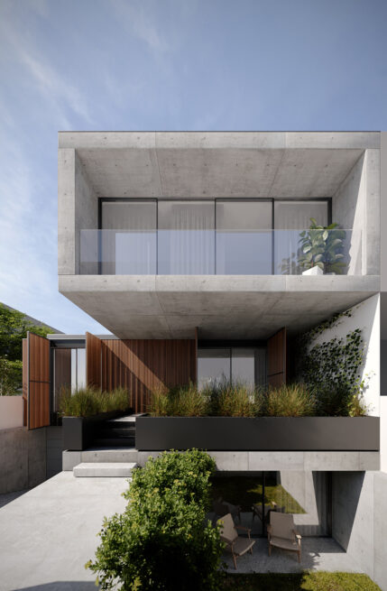 Chieiras House, Vila Nova de Gaia: render of the street elevation, the overhanging volume framing a glazed balcony and planters