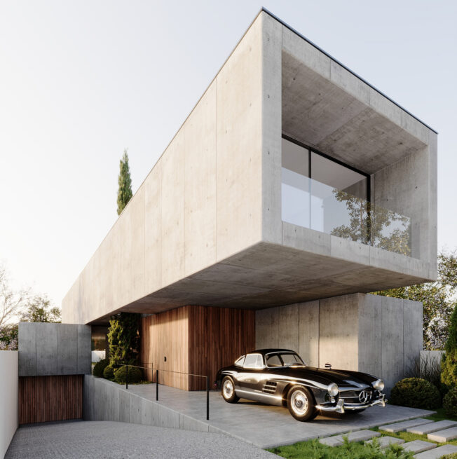 Paranhos House, Porto: render of the cantilevered grey volume seen from below at an angle, a classic car sheltered beneath it