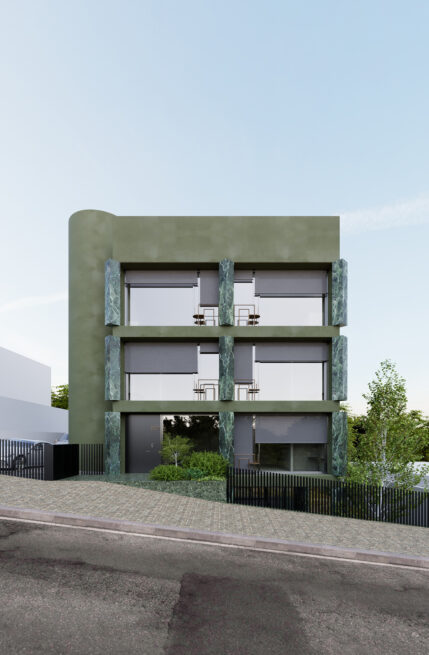 Guest House 207, Paredes: front elevation render of the three-storey building, green-veined pilasters framing each opening