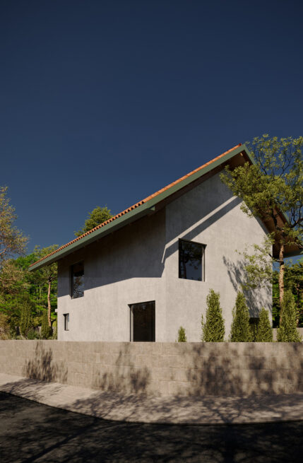 Nogueira Rural Tourism, Lousada: render of the rural house seen from the lane, its gable end and small windows above the boundary wall