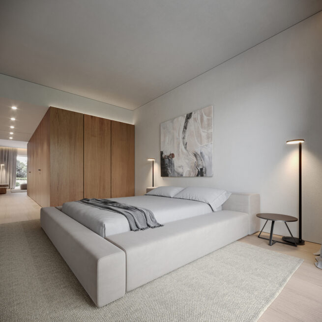 Moledo Apartment, Viana do Castelo: render of the bedroom beside the panelled volume, a floor lamp next to the bed