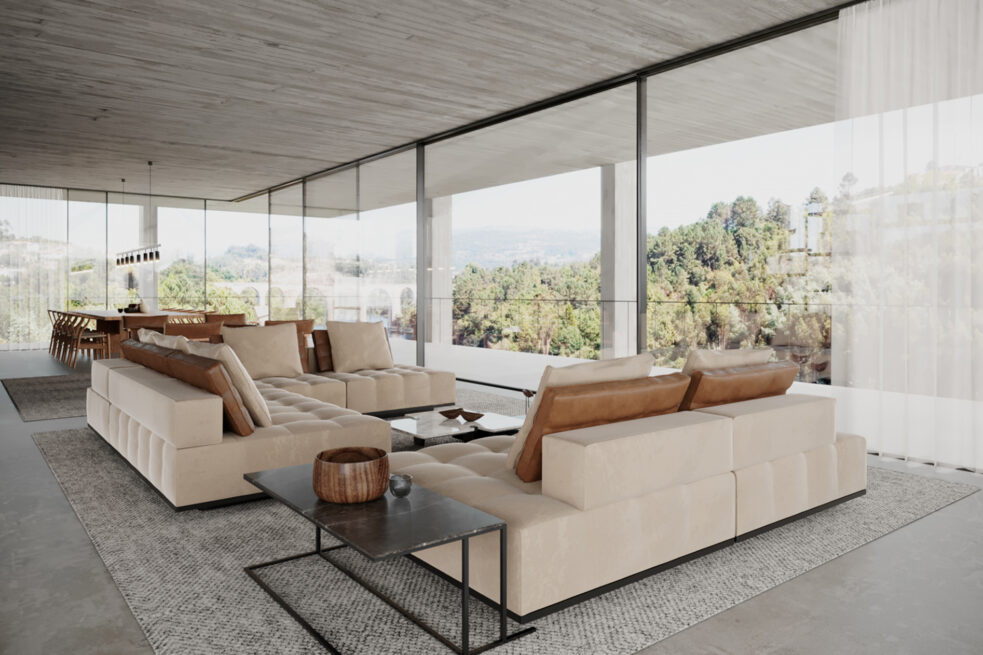 CC House, Marco de Canaveses: render of a living room with large sofas facing full-height glazing over the green valley