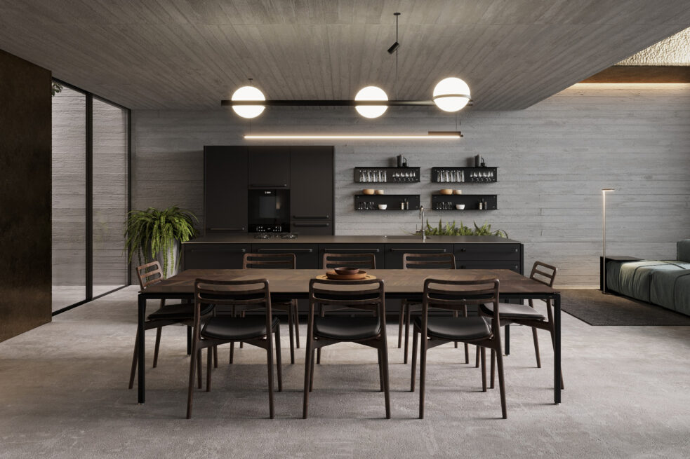 Areal House, Matosinhos: dining area render with a dark table and chairs beneath globe pendant lights, kitchen wall behind