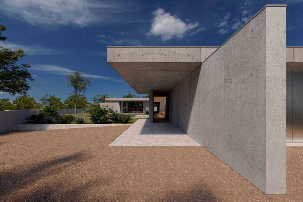 FH House, Esmoriz, Ovar: render of the entrance approach, a gravel forecourt beneath the projecting flat roof