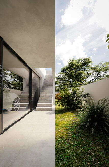 ST House, Santo Tirso: narrow passage between the glass facade and a wall, with an outdoor stair rising to the garden