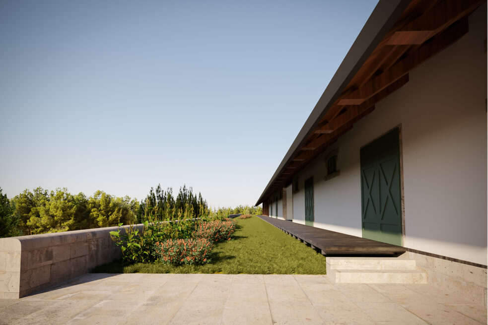 Amarante Train Station: render along the former platform, a long white building with green doors beside a planted strip