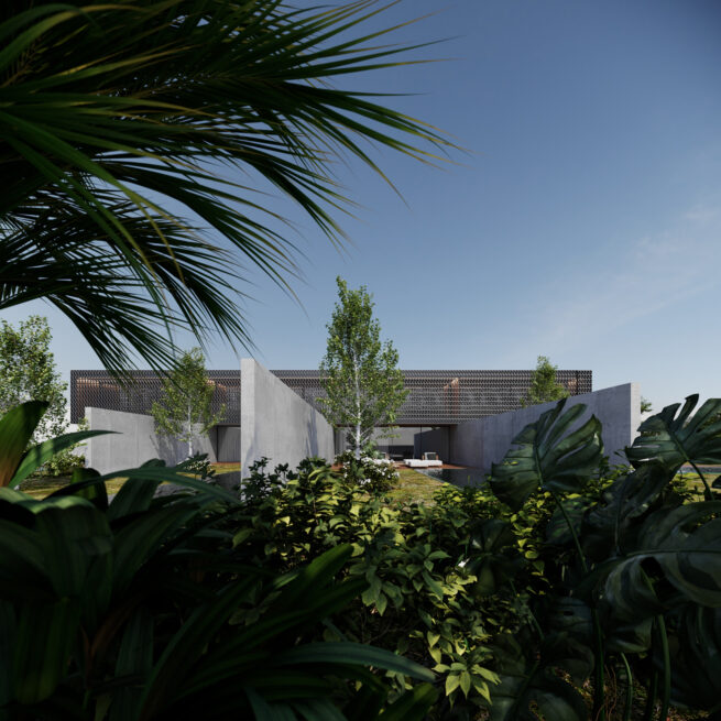 HU1950, Vila Nova de Gaia: render of the low grey volumes half hidden behind palm leaves and dense planting