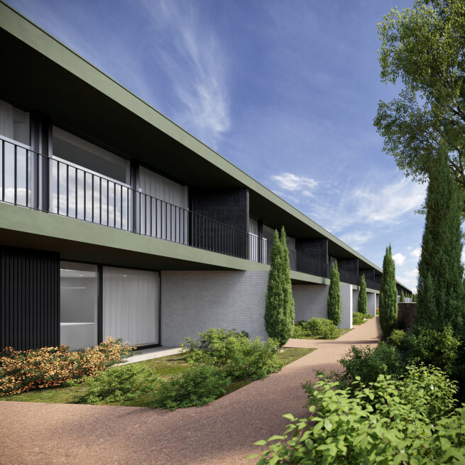 Vila do Conde Houses: render of the upper balconies and lower glazing repeated along the row of houses
