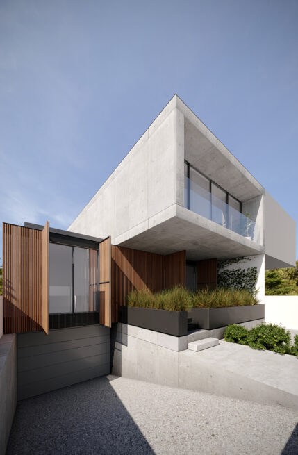 Chieiras House, Vila Nova de Gaia: corner render showing the upper floor projecting over the wood-panelled ground floor and ramp