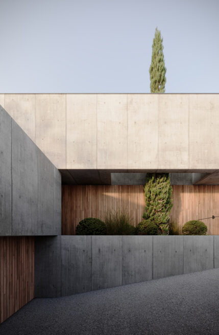 Paranhos House, Porto: render of a detail where the grey upper volume meets a warm-toned panelled wall and a planter