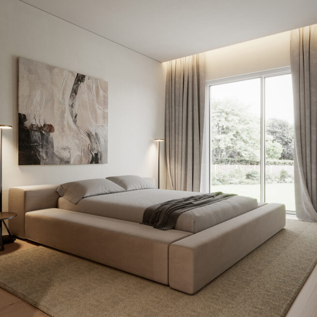 Moledo Apartment, Viana do Castelo: bedroom render with a low upholstered bed, a large artwork and a window to the garden