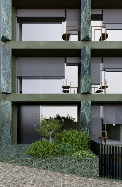 Guest House 207, Paredes: close view of the facade grid, with balconies, roller blinds and planting at street level