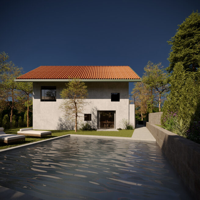 Nogueira Rural Tourism, Lousada: render of the pool stretching in front of the white house with a red tiled roof, loungers on the lawn