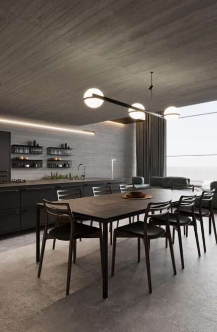Areal House, Matosinhos: render of the dining table and kitchen beside full-height glazing, grey textured walls around