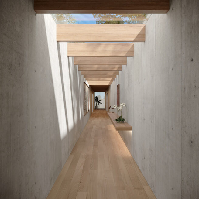 FH House, Esmoriz, Ovar: render of a narrow corridor between grey walls, lit from above through a row of skylights