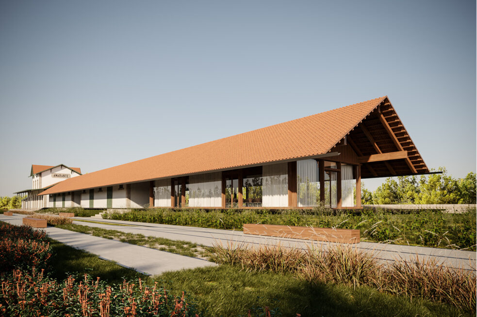 Amarante Train Station: render of the long tiled-roof warehouse set in landscaped gardens with paths and benches