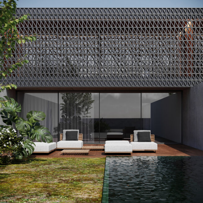 HU1950, Vila Nova de Gaia: render of a garden terrace with white loungers and a reflecting pool below a perforated screen facade