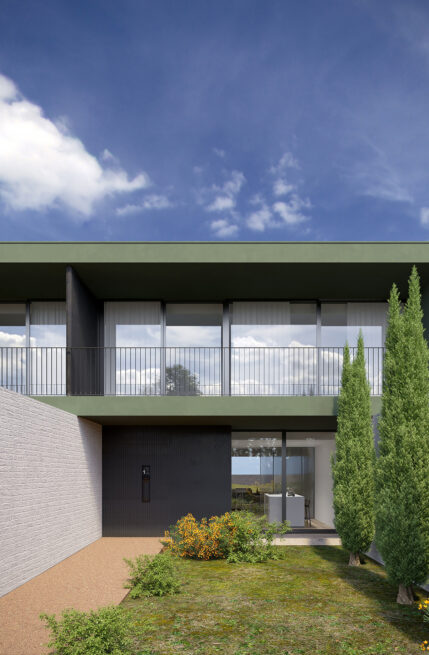 Vila do Conde Houses: render of a single house front, a dark door beside a light wall and cypress trees