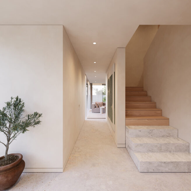 Avanca House, Avanca, Aveiro: render of an entrance corridor with a light stair rising beside it and a potted olive tree