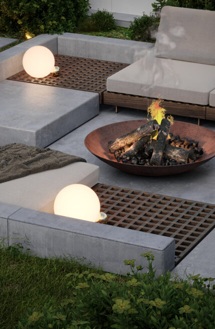 Chieiras House, Vila Nova de Gaia: close render of the sunken garden lounge with a fire bowl, cushions and globe lights