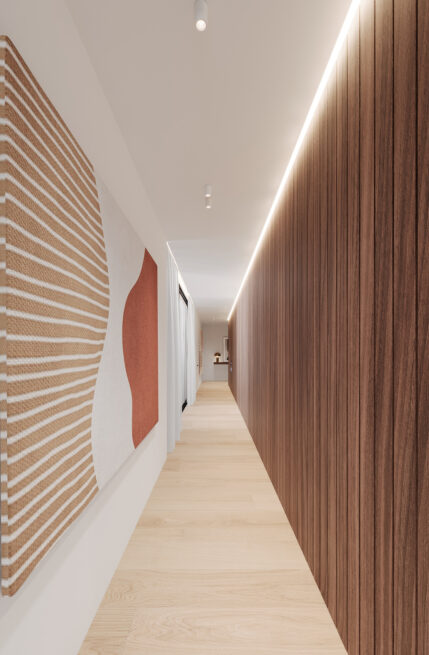 Paranhos House, Porto: render of a long corridor between a panelled wall and a white wall with a textured artwork