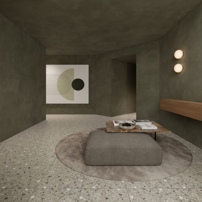 Guest House 207, Paredes: render of a sitting nook with an upholstered pouf, wall lights and circular artwork on green walls