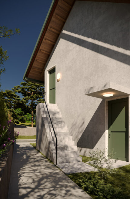 Nogueira Rural Tourism, Lousada: render of the side entrance with green doors, an exterior stair and a small canopy in the wall