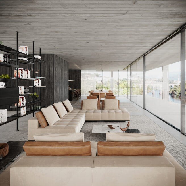 Long living area of CC House in Marco de Canaveses with sofas and black open shelving along the glass walls