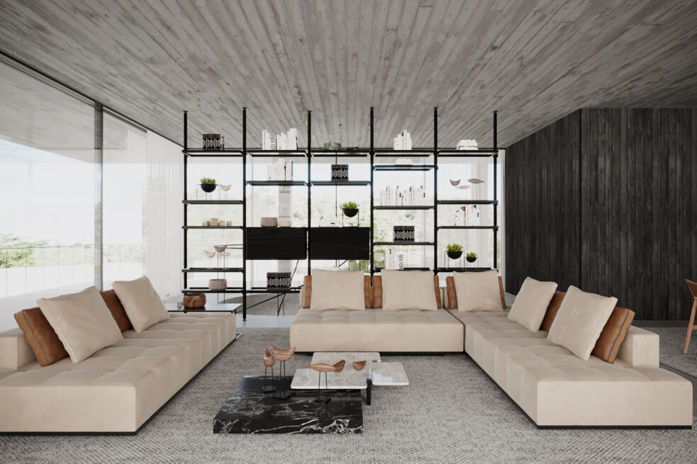 CC House, Marco de Canaveses: render of a sofa arrangement in front of a black shelving unit and a dark-clad wall