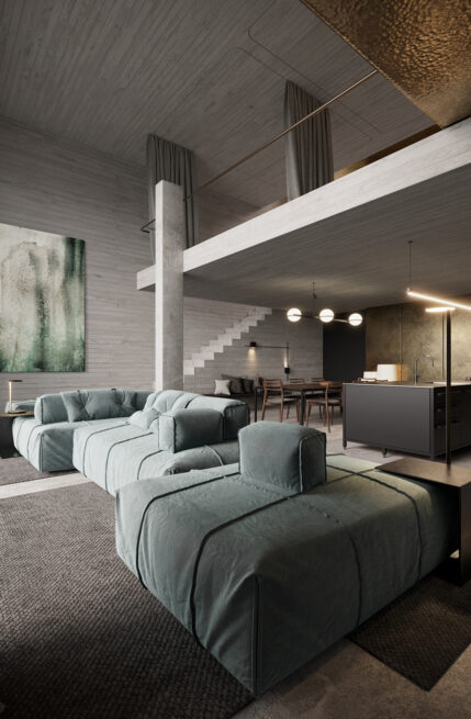 Areal House, Matosinhos: living room render with modular blue-grey sofas below a suspended mezzanine