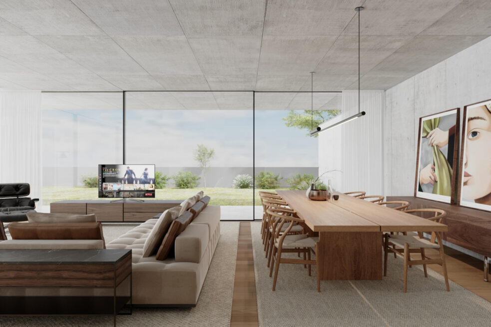 FH House, Esmoriz, Ovar: interior render of the living and dining space with full-height glass open to the garden