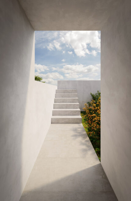 ST House, Santo Tirso: render of a stair climbing between two white walls toward a patch of sky