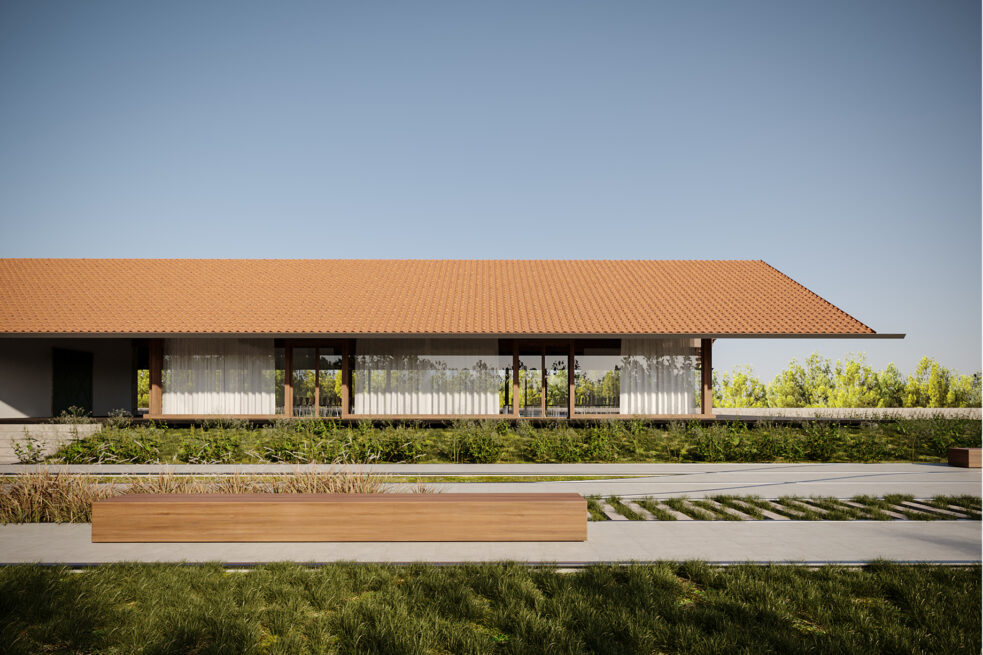 Amarante Train Station: frontal render of the long single-storey building, its glazed facade behind a garden and bench