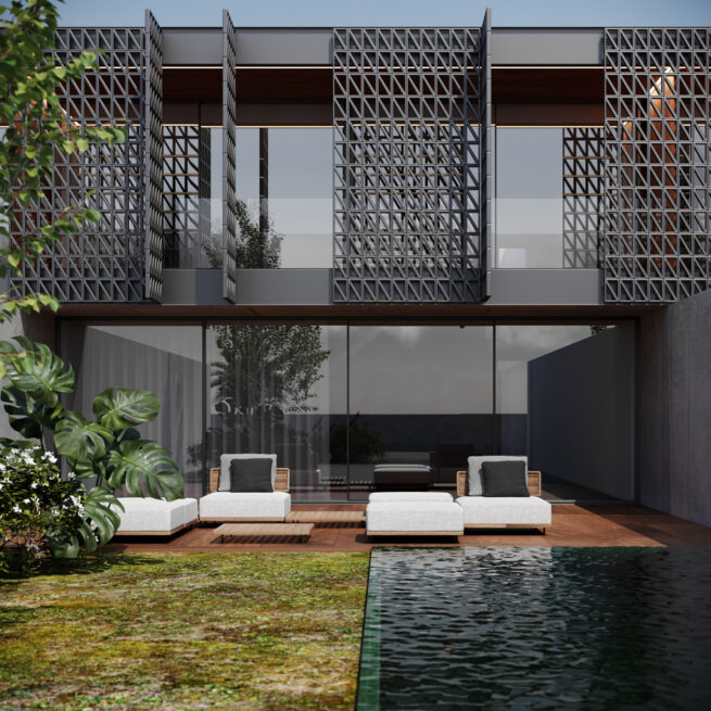 HU1950, Vila Nova de Gaia: render of the same terrace with the screen opened on the upper floor to reveal a glazed balcony