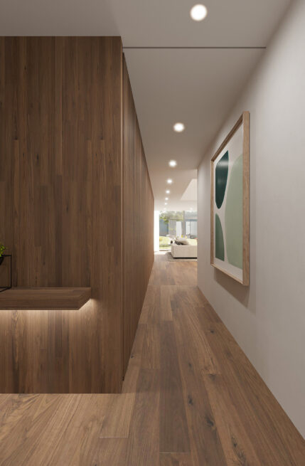 Vila do Conde Houses: interior render of an entrance corridor with warm-toned panelling and a framed artwork