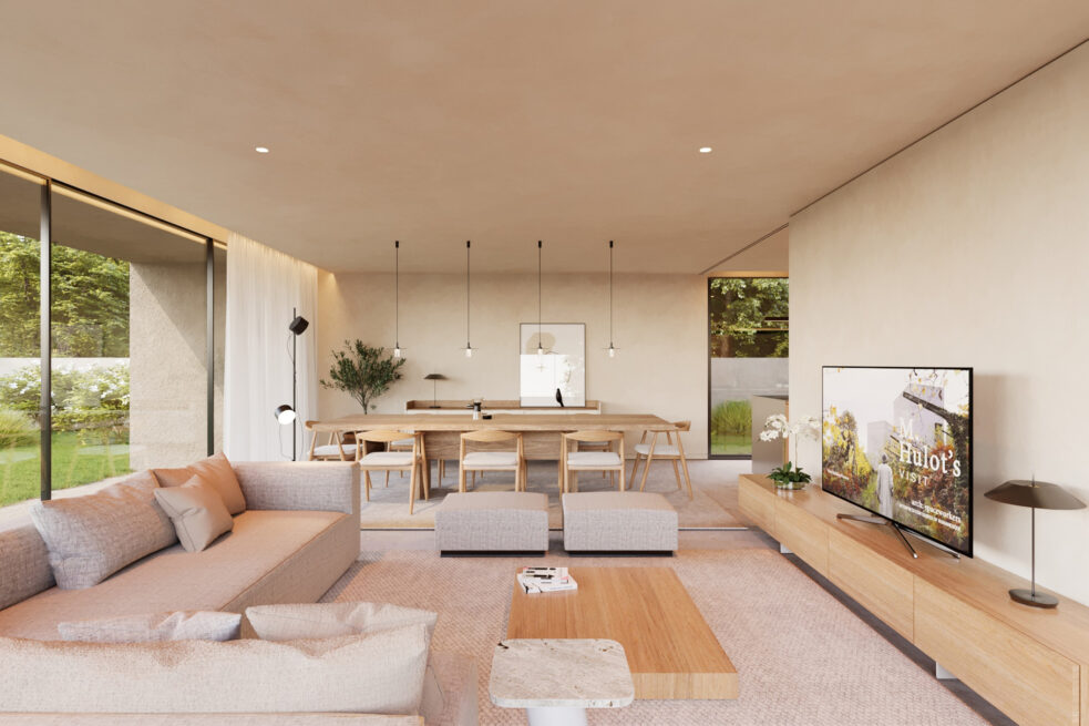 Avanca House, Avanca, Aveiro: open living space with sofas, a television unit and a dining table beside large windows