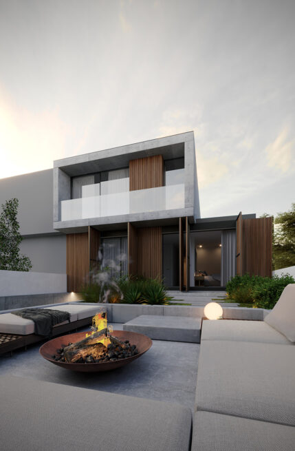 Chieiras House, Vila Nova de Gaia: render of the outdoor seating around a fire bowl, the house rising behind at dusk