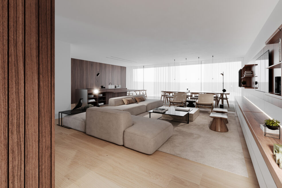 Paranhos House, Porto: render of the open living area with sofas and a dining table beyond, full-height curtains along the glazing