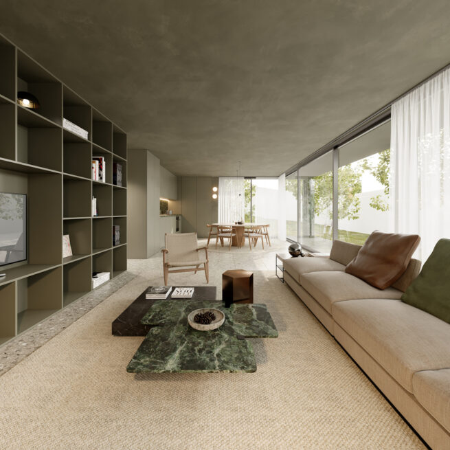 Guest House 207, Paredes: living room with a long sofa, low green-veined table and open shelving beside full-height glazing