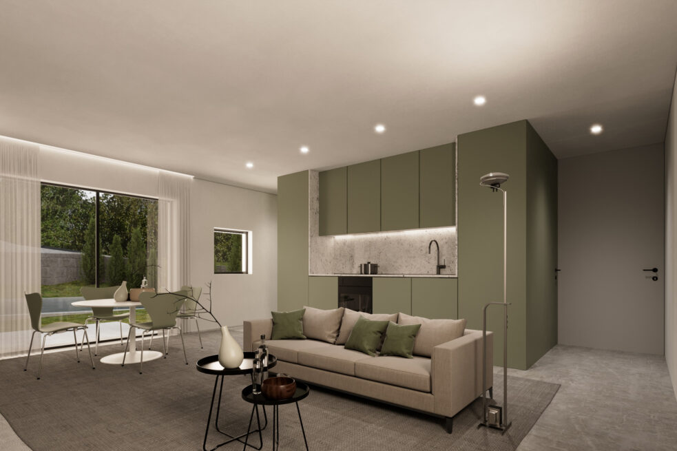 Nogueira Rural Tourism, Lousada: render of an open living room with a sofa, a round dining table and a green-fronted kitchen
