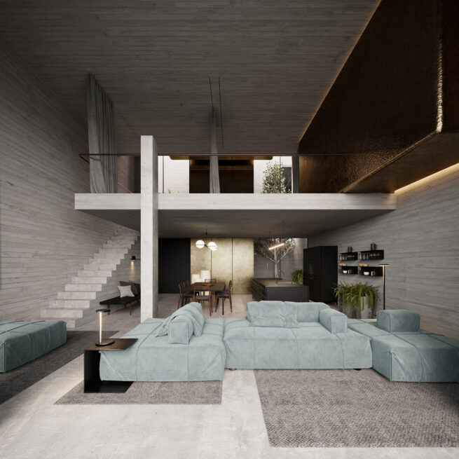 Wide render of the double-height space of Areal House in Matosinhos, the stair climbing to the upper floor