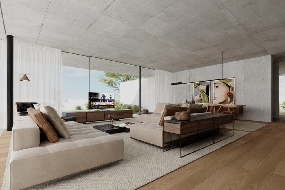 FH House, Esmoriz, Ovar: render of the living room, sofas facing a wall of glass under a grey ceiling slab