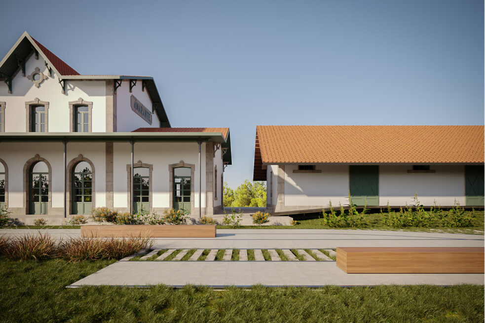 Amarante Train Station: garden render linking the historic station house and the low warehouse of the Amarante station